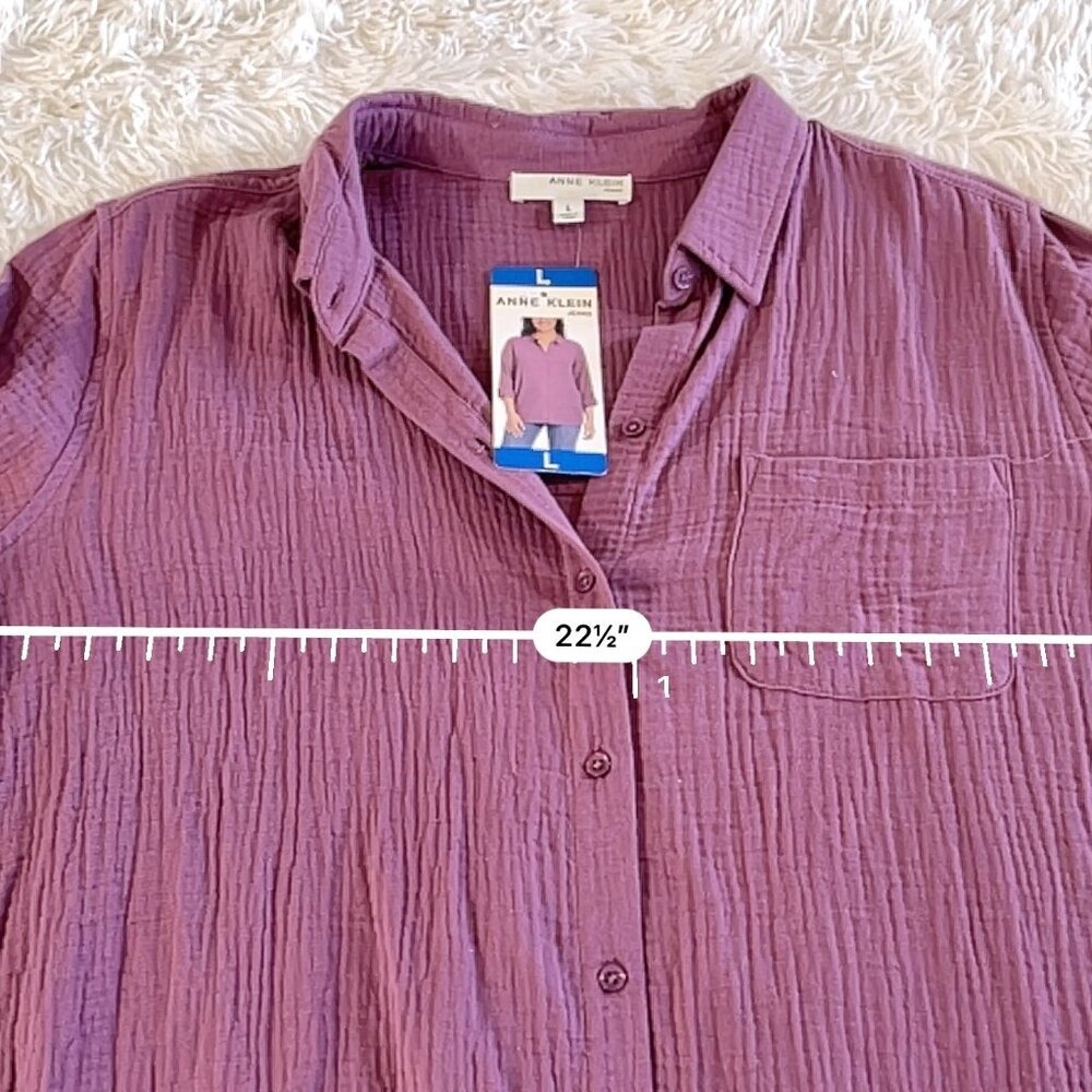 Women's Anne Klein Purple Crinkle‎ Button Down Shirt L - Picture 7 of 10